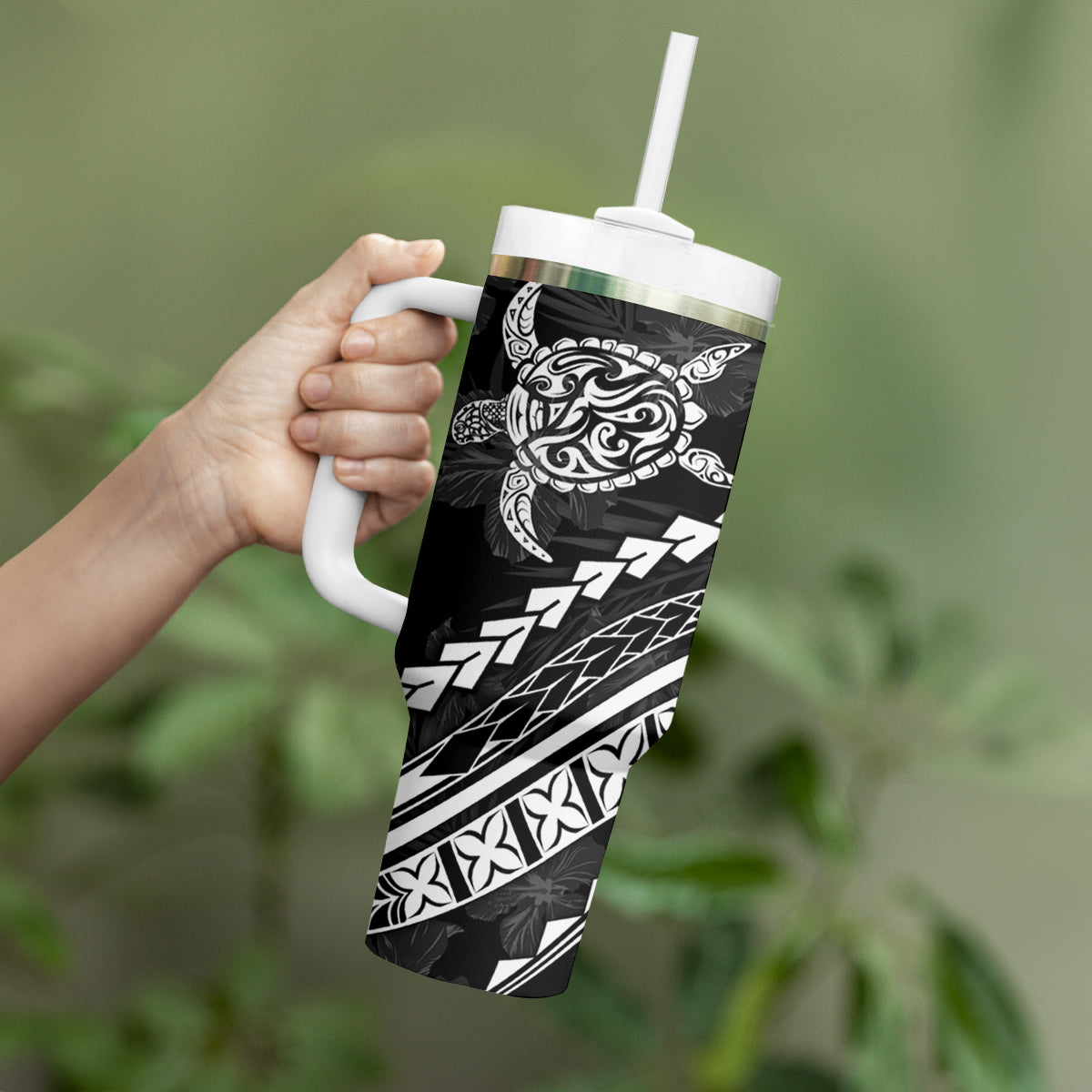 Polynesian Pride Tumbler With Handle Turtle Hibiscus Luxury Style - Black