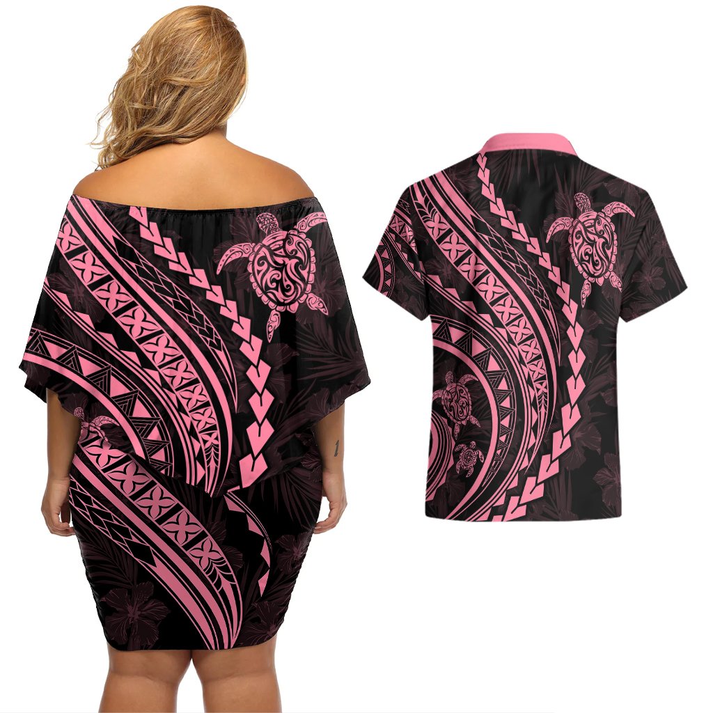 Polynesian Pride Couples Matching Off Shoulder Short Dress and Hawaiian Shirt Turtle Hibiscus Luxury Style - Carnation Pink LT7 - Polynesian Pride