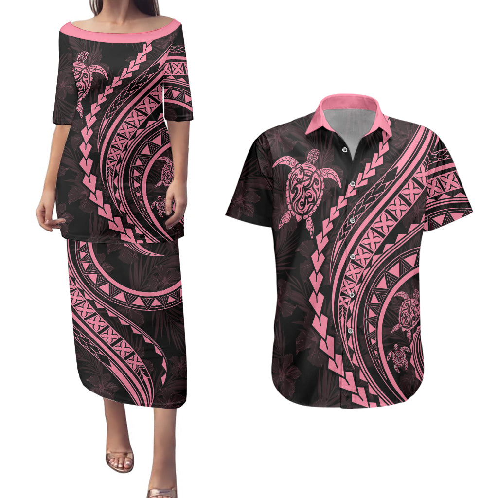 Polynesian Pride Couples Matching Puletasi Dress and Hawaiian Shirt Turtle Hibiscus Luxury Style - Carnation Pink LT7 Carnation Pink - Polynesian Pride