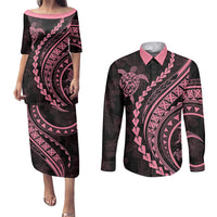 Polynesian Pride Couples Matching Puletasi Dress and Long Sleeve Button Shirts Turtle Hibiscus Luxury Style - Carnation Pink LT7 Carnation Pink - Polynesian Pride