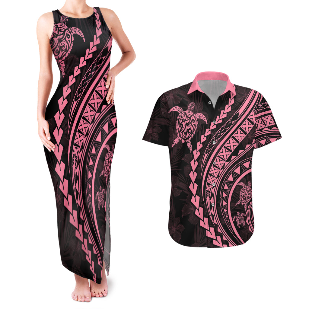Polynesian Pride Couples Matching Tank Maxi Dress and Hawaiian Shirt Turtle Hibiscus Luxury Style - Carnation Pink LT7 Carnation Pink - Polynesian Pride