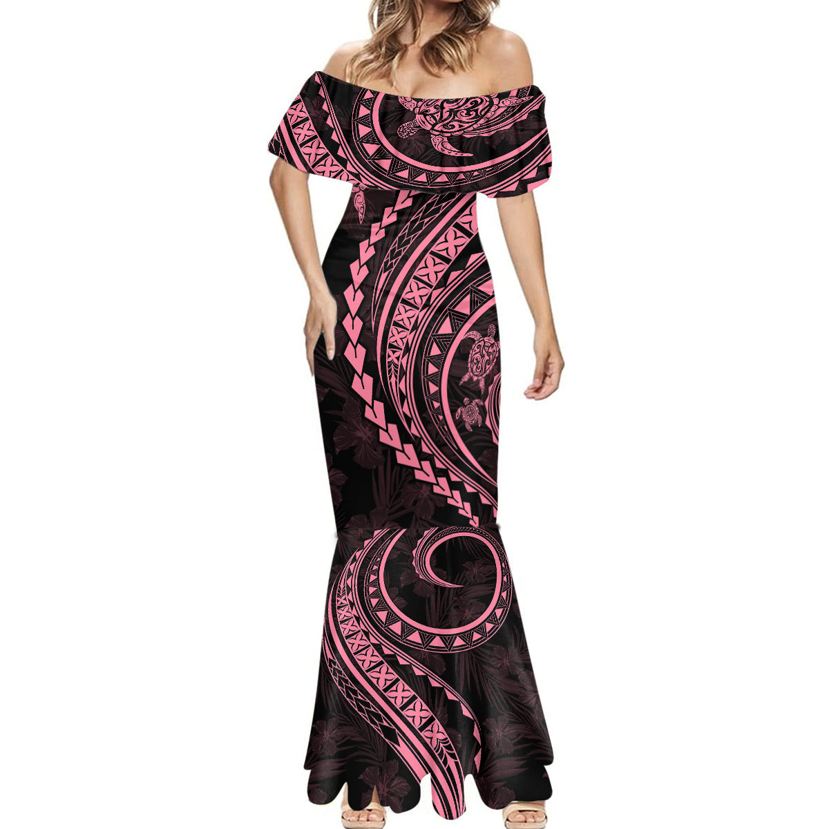 Polynesian Pride Mermaid Dress Turtle Hibiscus Luxury Style - Carnation Pink LT7 - Polynesian Pride