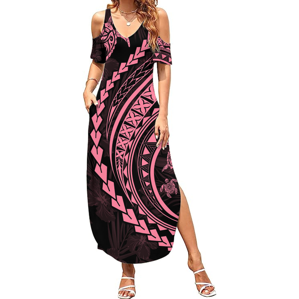 Polynesian Pride Summer Maxi Dress Turtle Hibiscus Luxury Style - Carnation Pink LT7 Women Carnation Pink - Polynesian Pride
