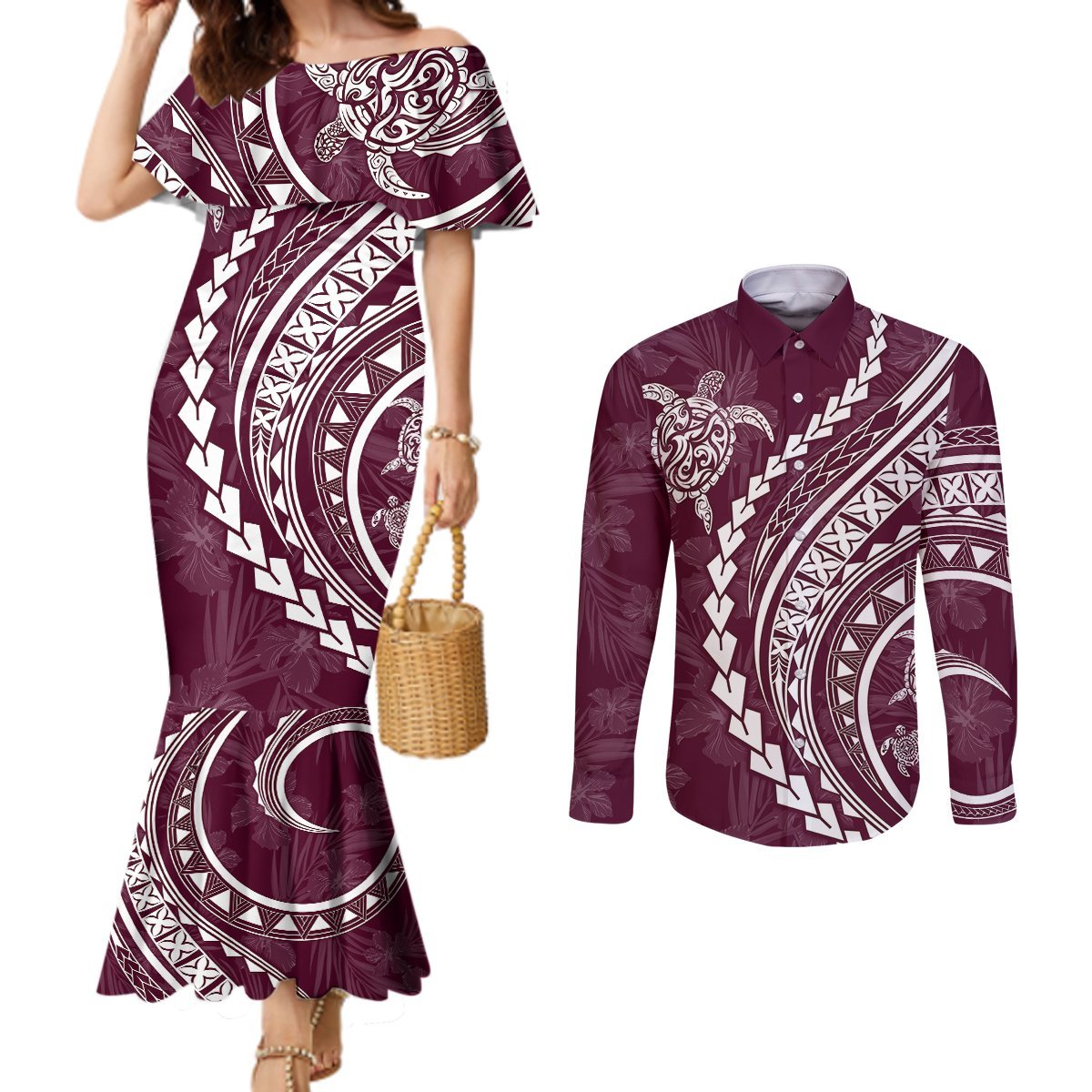 Polynesian Pride Couples Matching Mermaid Dress and Long Sleeve Button Shirts Turtle Hibiscus Luxury Style - Champagne LT7 Champagne - Polynesian Pride