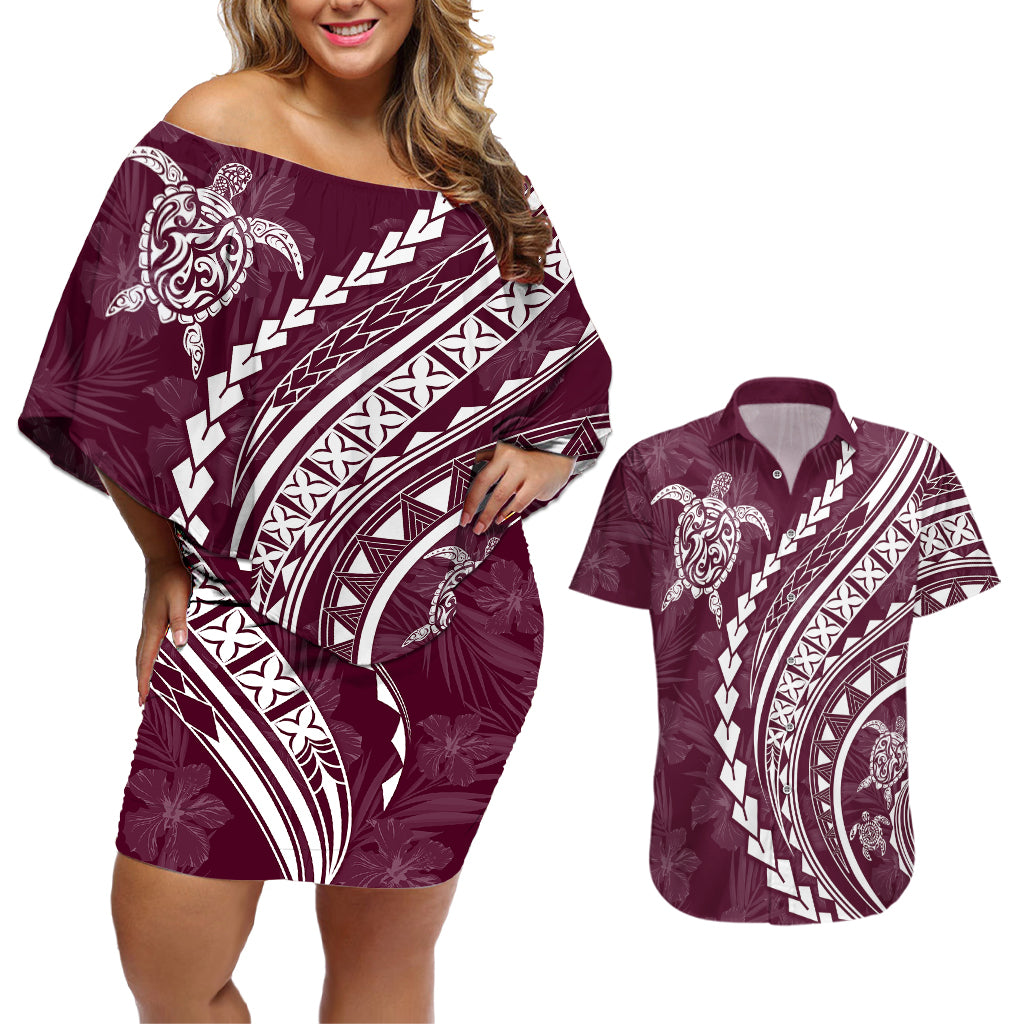 Polynesian Pride Couples Matching Off Shoulder Short Dress and Hawaiian Shirt Turtle Hibiscus Luxury Style - Champagne LT7 Champagne - Polynesian Pride