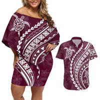 Polynesian Pride Couples Matching Off Shoulder Short Dress and Hawaiian Shirt Turtle Hibiscus Luxury Style - Champagne LT7 Champagne - Polynesian Pride