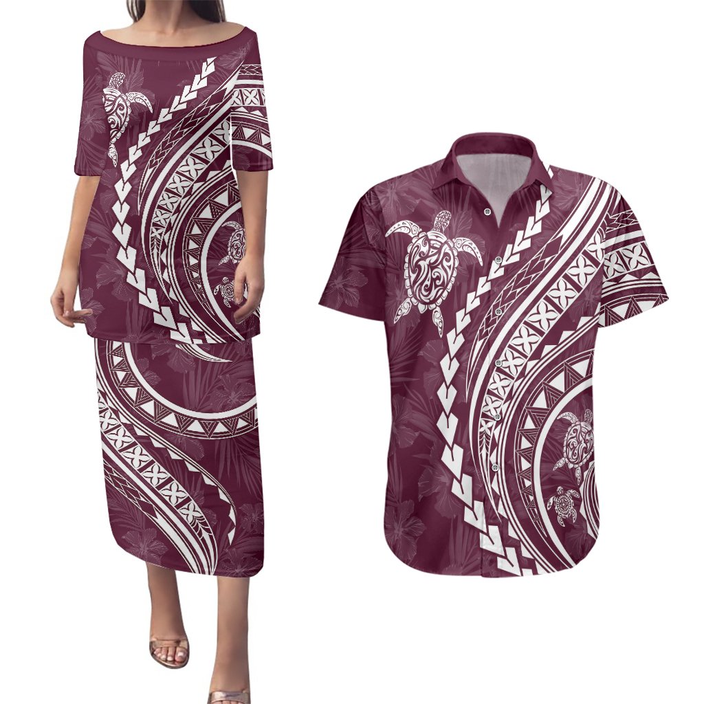 Polynesian Pride Couples Matching Puletasi Dress and Hawaiian Shirt Turtle Hibiscus Luxury Style - Champagne LT7 Champagne - Polynesian Pride