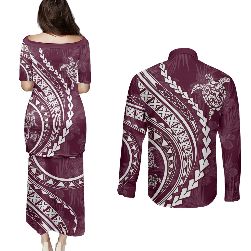 Polynesian Pride Couples Matching Puletasi Dress and Long Sleeve Button Shirts Turtle Hibiscus Luxury Style - Champagne LT7 - Polynesian Pride