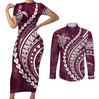 Polynesian Pride Couples Matching Short Sleeve Bodycon Dress and Long Sleeve Button Shirts Turtle Hibiscus Luxury Style - Champagne LT7 Champagne - Polynesian Pride