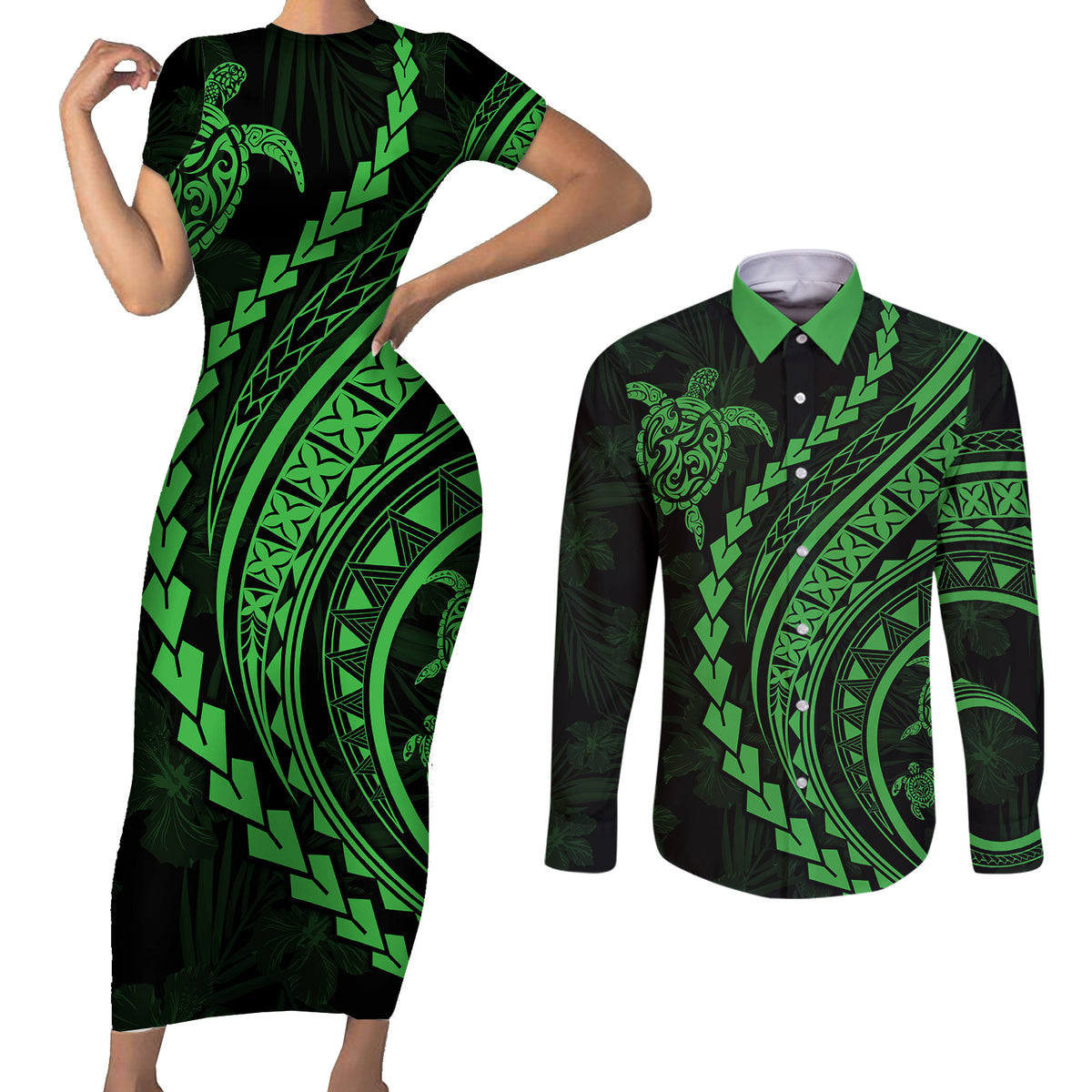 Polynesian Pride Couples Matching Short Sleeve Bodycon Dress and Long Sleeve Button Shirts Turtle Hibiscus Luxury Style - Green LT7 Green - Polynesian Pride