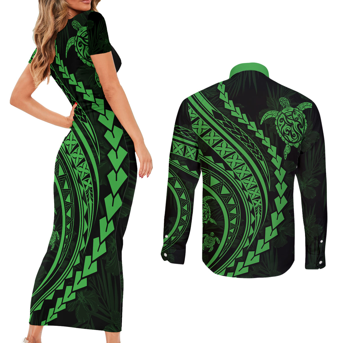 Polynesian Pride Couples Matching Short Sleeve Bodycon Dress and Long Sleeve Button Shirts Turtle Hibiscus Luxury Style - Green LT7 - Polynesian Pride