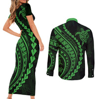 Polynesian Pride Couples Matching Short Sleeve Bodycon Dress and Long Sleeve Button Shirts Turtle Hibiscus Luxury Style - Green LT7 - Polynesian Pride