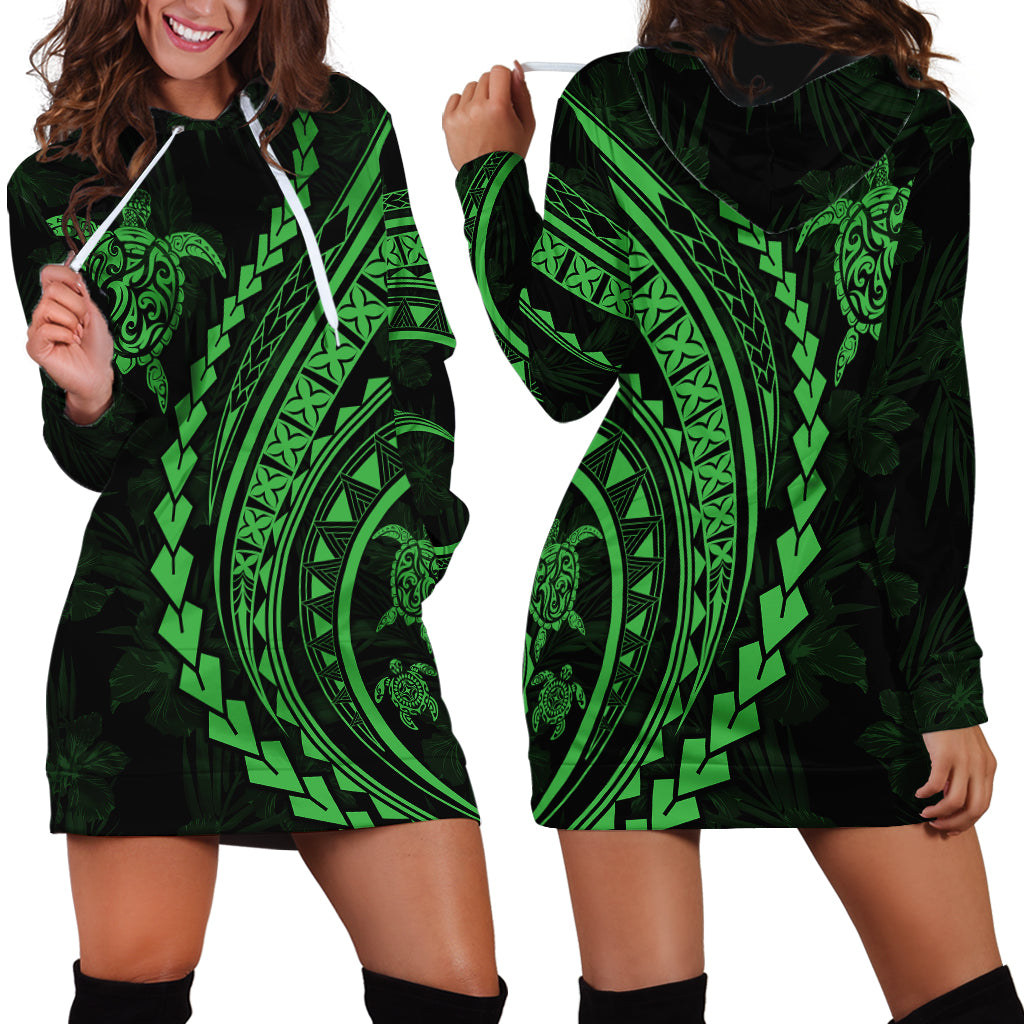 Polynesian Pride Hoodie Dress Turtle Hibiscus Luxury Style - Green LT7 - Polynesian Pride