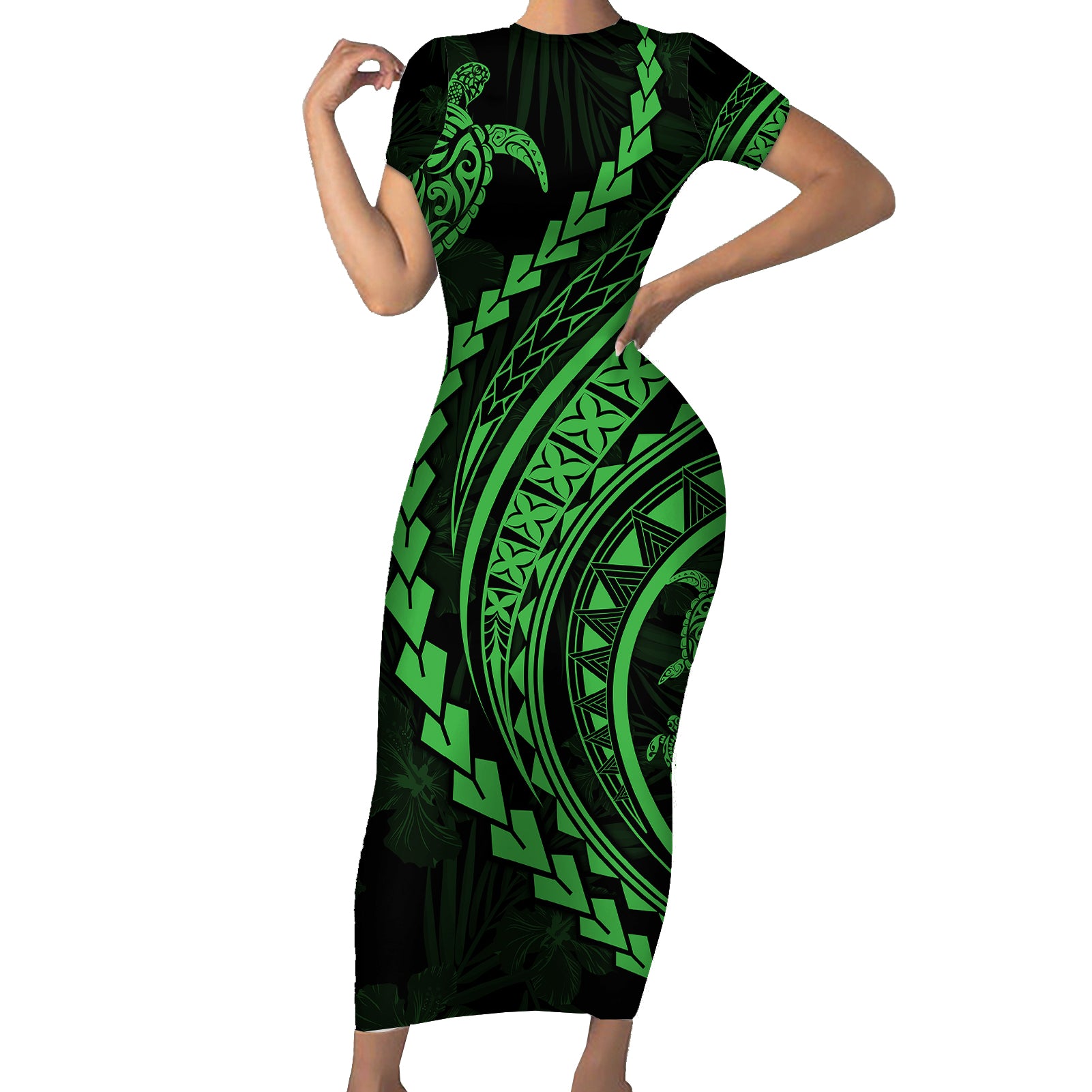 Polynesian Pride Short Sleeve Bodycon Dress Turtle Hibiscus Luxury Style - Green LT7 Long Dress Green - Polynesian Pride