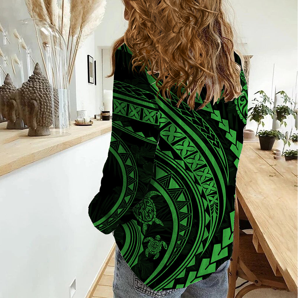Polynesian Pride Women Casual Shirt Turtle Hibiscus Luxury Style - Green LT7 - Polynesian Pride