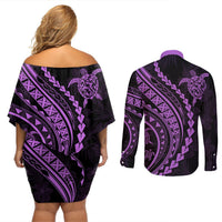 Polynesian Pride Couples Matching Off Shoulder Short Dress and Long Sleeve Button Shirts Turtle Hibiscus Luxury Style - Lilac LT7 - Polynesian Pride