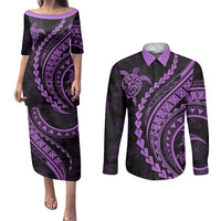 Polynesian Pride Couples Matching Puletasi Dress and Long Sleeve Button Shirts Turtle Hibiscus Luxury Style - Lilac LT7 Lilac - Polynesian Pride
