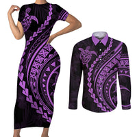 Polynesian Pride Couples Matching Short Sleeve Bodycon Dress and Long Sleeve Button Shirts Turtle Hibiscus Luxury Style - Lilac LT7 Lilac - Polynesian Pride