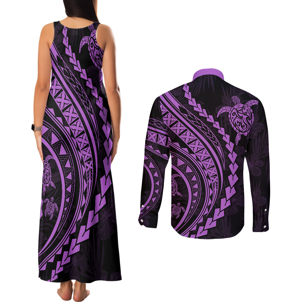 Polynesian Pride Couples Matching Tank Maxi Dress and Long Sleeve Button Shirts Turtle Hibiscus Luxury Style - Lilac LT7 - Polynesian Pride