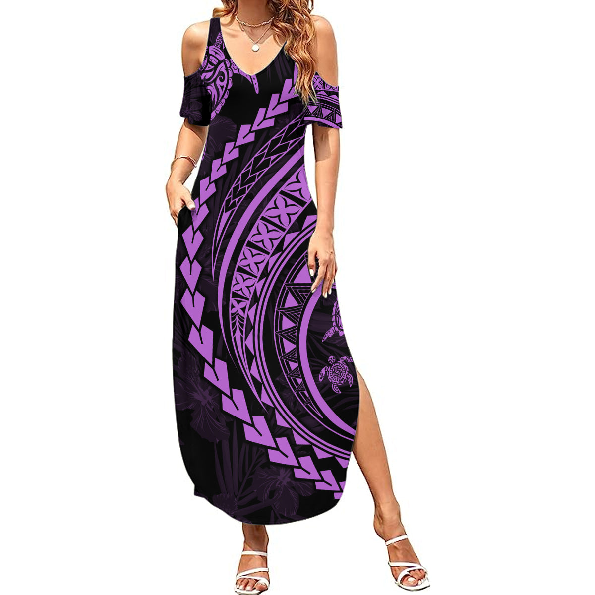 Polynesian Pride Summer Maxi Dress Turtle Hibiscus Luxury Style - Lilac LT7 Women Lilac - Polynesian Pride