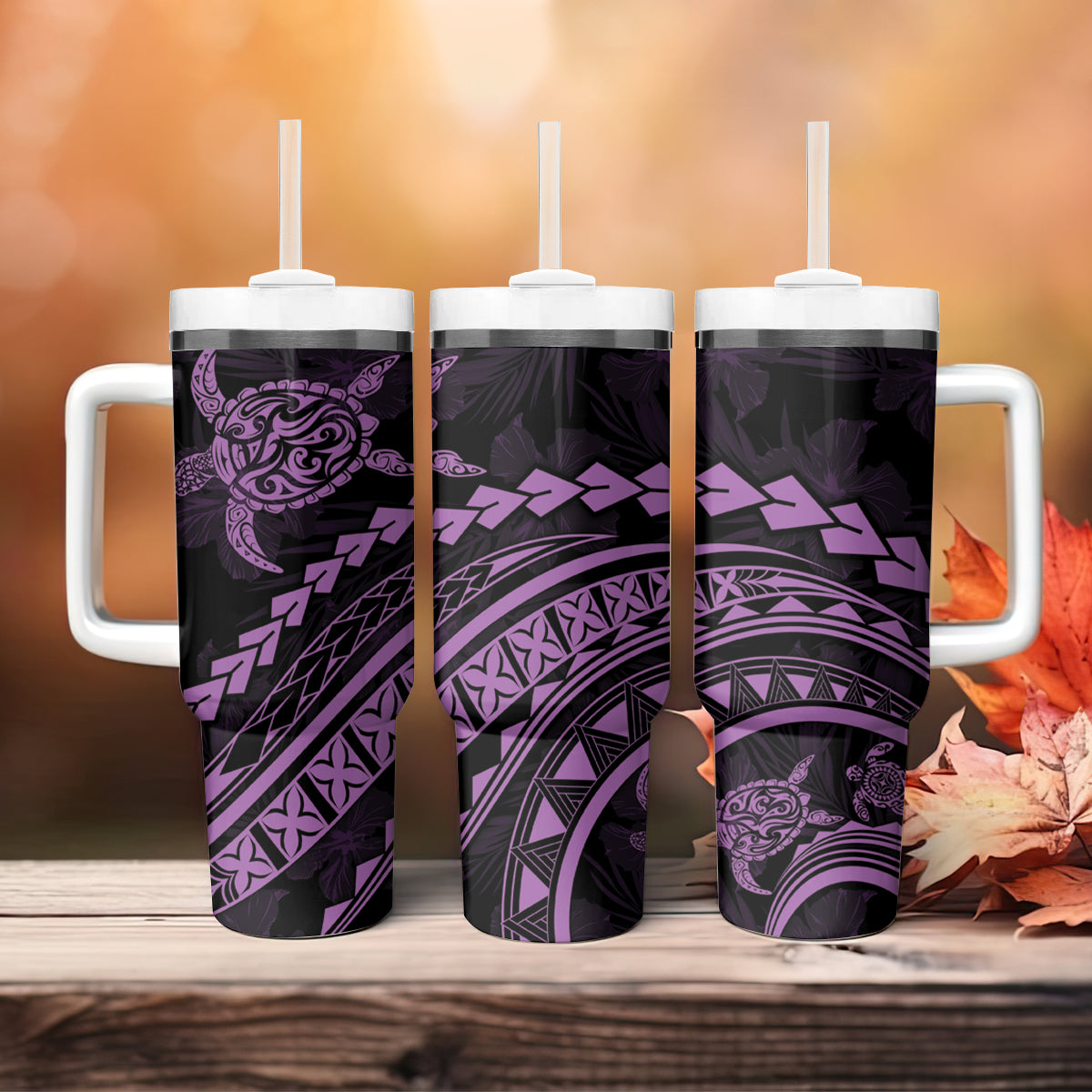 Polynesian Pride Tumbler With Handle Turtle Hibiscus Luxury Style - Lilac