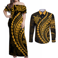 Polynesian Pride Couples Matching Off Shoulder Maxi Dress and Long Sleeve Button Shirts Turtle Hibiscus Luxury Style - Merigold LT7 Merigold - Polynesian Pride