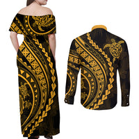 Polynesian Pride Couples Matching Off Shoulder Maxi Dress and Long Sleeve Button Shirts Turtle Hibiscus Luxury Style - Merigold LT7 - Polynesian Pride