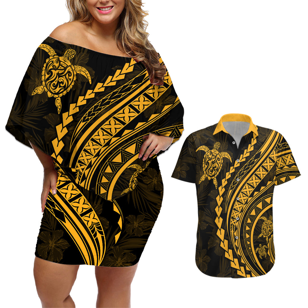 Polynesian Pride Couples Matching Off Shoulder Short Dress and Hawaiian Shirt Turtle Hibiscus Luxury Style - Merigold LT7 Merigold - Polynesian Pride