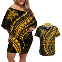 Polynesian Pride Couples Matching Off Shoulder Short Dress and Hawaiian Shirt Turtle Hibiscus Luxury Style - Merigold LT7 Merigold - Polynesian Pride