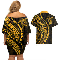 Polynesian Pride Couples Matching Off Shoulder Short Dress and Hawaiian Shirt Turtle Hibiscus Luxury Style - Merigold LT7 - Polynesian Pride