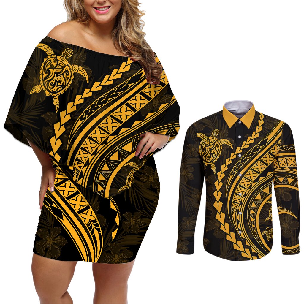 Polynesian Pride Couples Matching Off Shoulder Short Dress and Long Sleeve Button Shirts Turtle Hibiscus Luxury Style - Merigold LT7 Merigold - Polynesian Pride