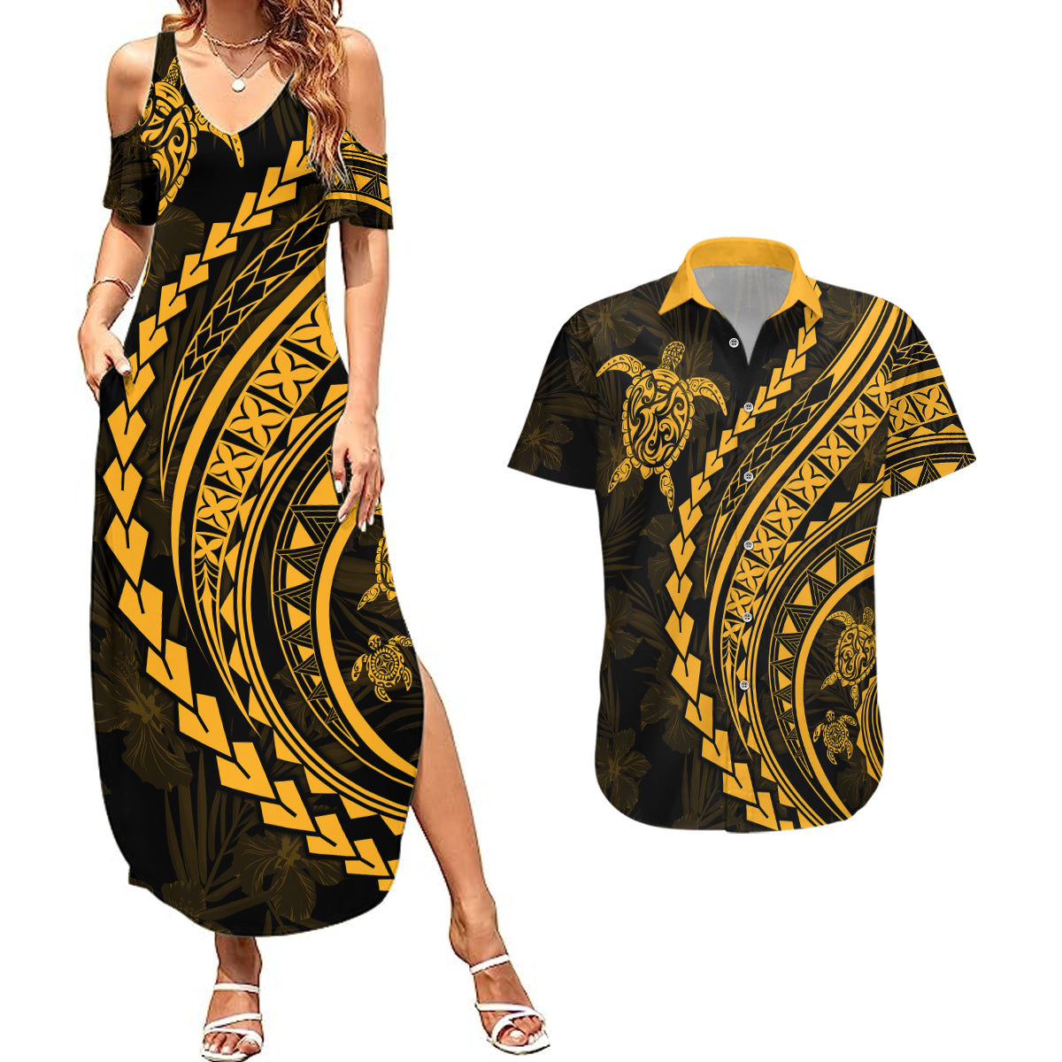 Polynesian Pride Couples Matching Summer Maxi Dress and Hawaiian Shirt Turtle Hibiscus Luxury Style - Merigold LT7 Merigold - Polynesian Pride