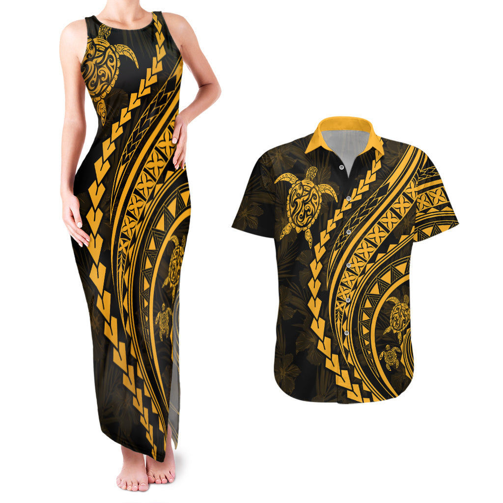 Polynesian Pride Couples Matching Tank Maxi Dress and Hawaiian Shirt Turtle Hibiscus Luxury Style - Merigold LT7 Merigold - Polynesian Pride