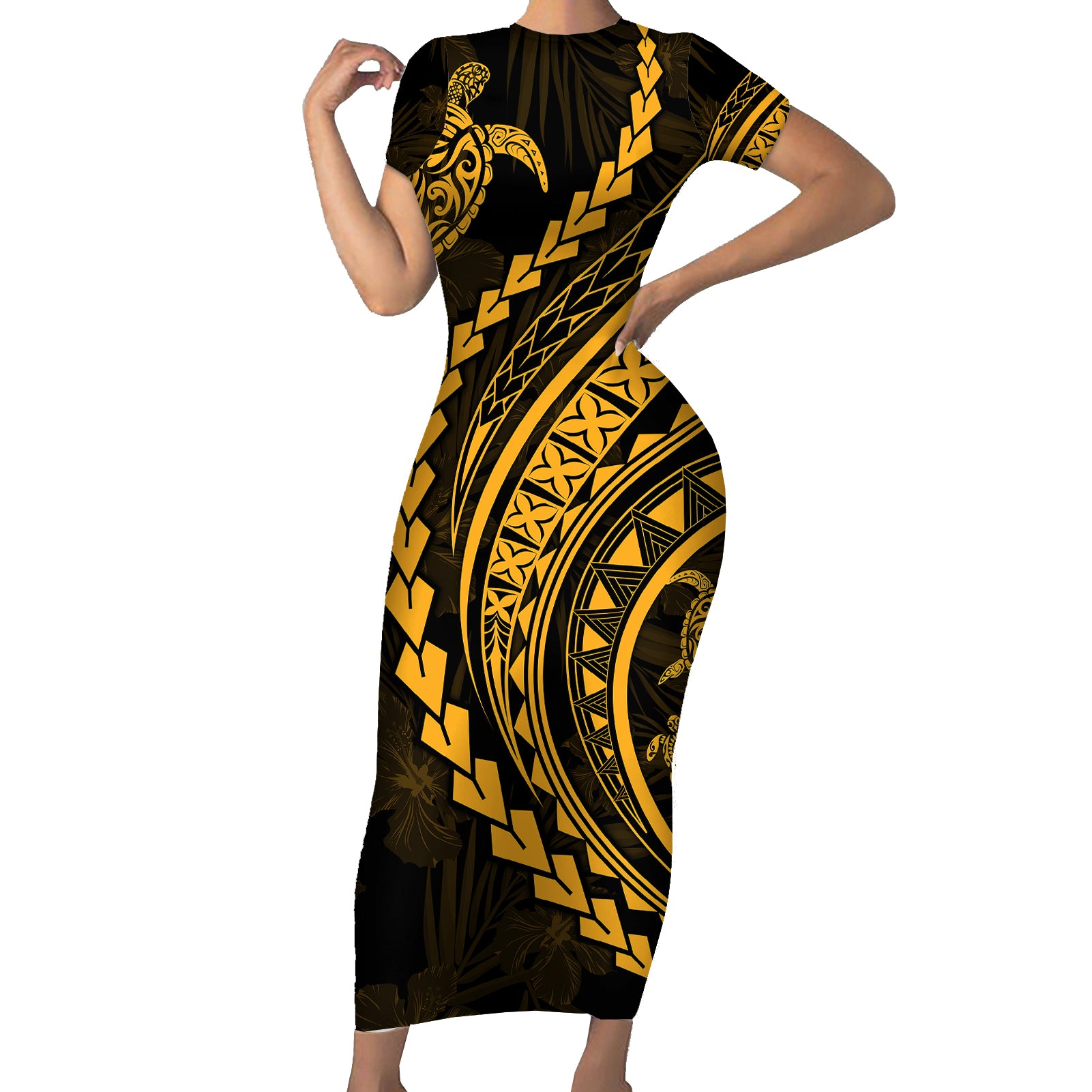 Polynesian Pride Short Sleeve Bodycon Dress Turtle Hibiscus Luxury Style - Merigold LT7 Long Dress Merigold - Polynesian Pride
