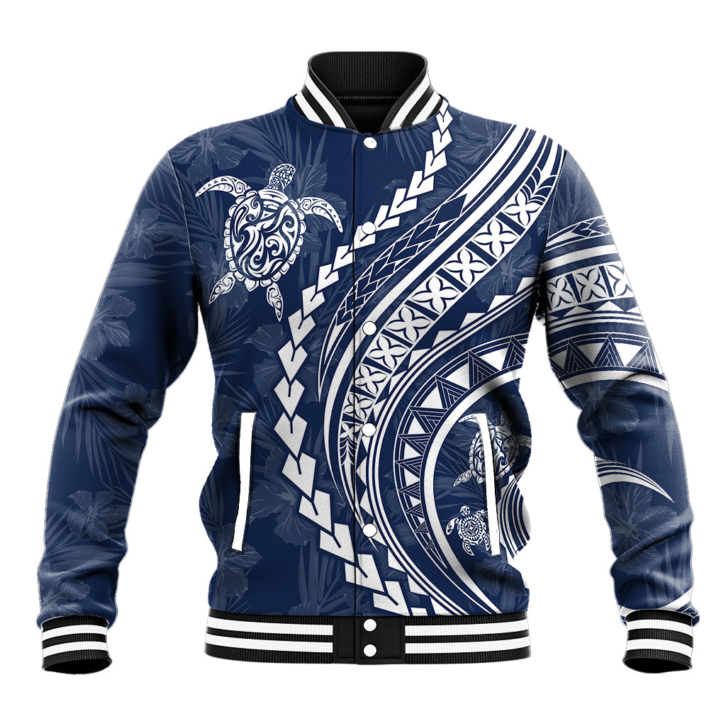 Polynesian Pride Baseball Jacket Turtle Hibiscus Luxury Style - Navy LT7 Unisex Navy - Polynesian Pride