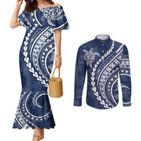 Polynesian Pride Couples Matching Mermaid Dress and Long Sleeve Button Shirts Turtle Hibiscus Luxury Style - Navy LT7 Navy - Polynesian Pride