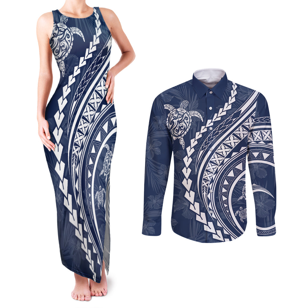 Polynesian Pride Couples Matching Tank Maxi Dress and Long Sleeve Button Shirts Turtle Hibiscus Luxury Style - Navy LT7 Navy - Polynesian Pride