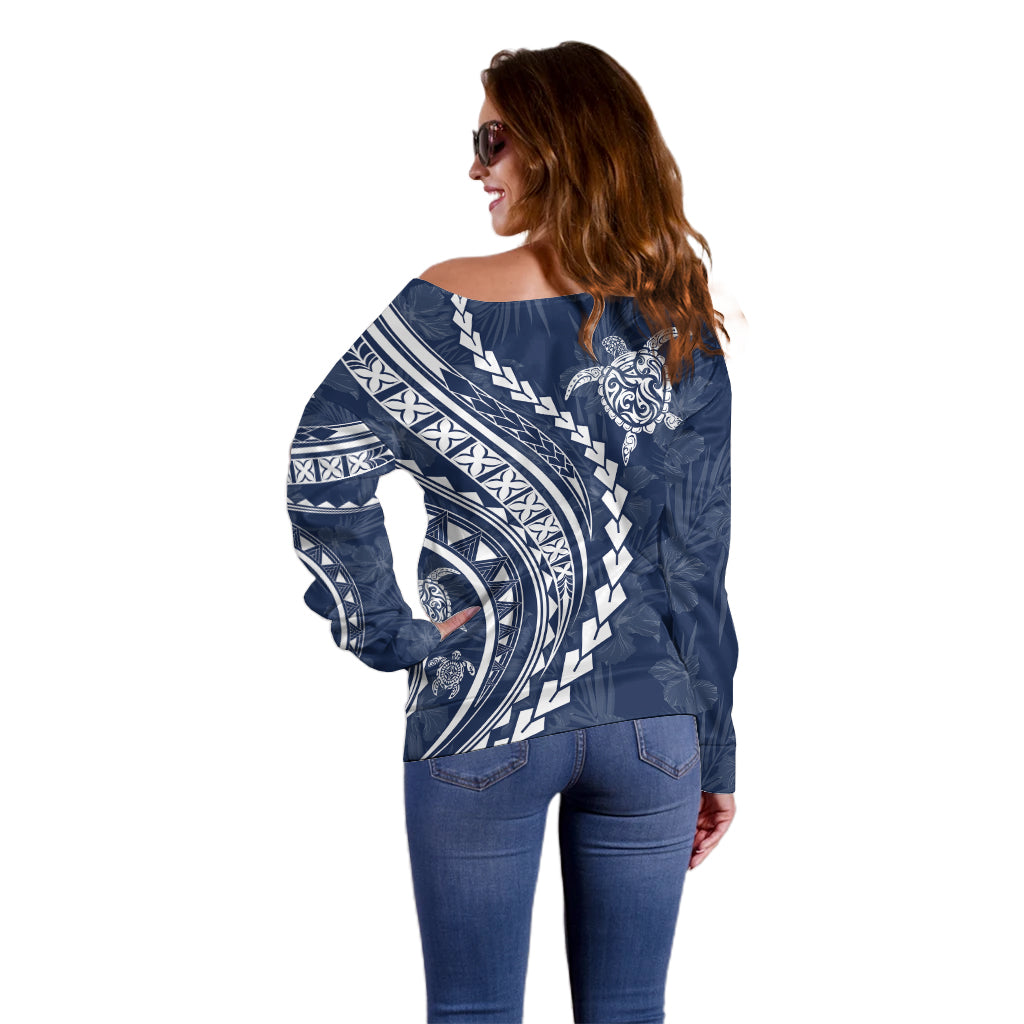 Polynesian Pride Off Shoulder Sweater Turtle Hibiscus Luxury Style - Navy LT7 - Polynesian Pride
