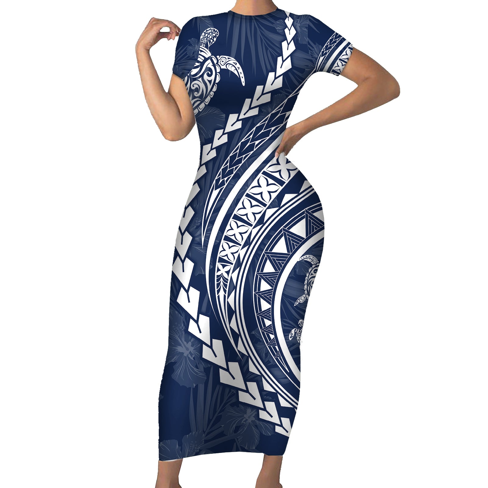 Polynesian Pride Short Sleeve Bodycon Dress Turtle Hibiscus Luxury Style - Navy LT7 Long Dress Navy - Polynesian Pride