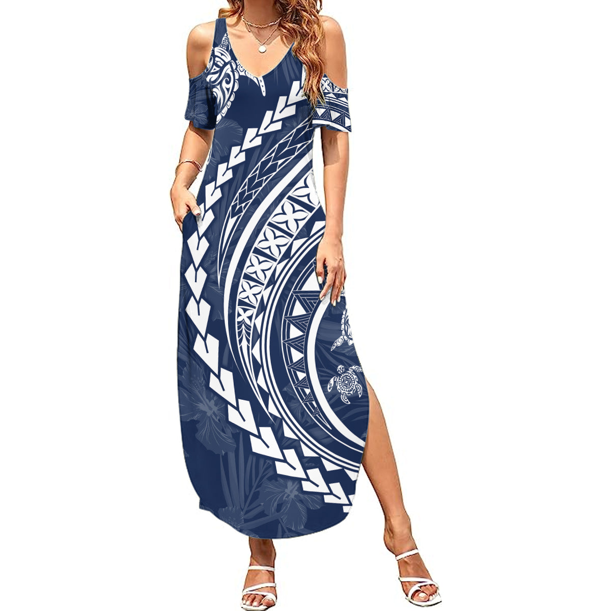 Polynesian Pride Summer Maxi Dress Turtle Hibiscus Luxury Style - Navy LT7 Women Navy - Polynesian Pride