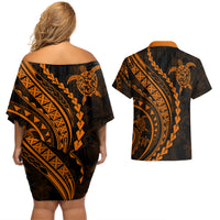 Polynesian Pride Couples Matching Off Shoulder Short Dress and Hawaiian Shirt Turtle Hibiscus Luxury Style - Orange LT7 - Polynesian Pride