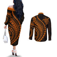 Polynesian Pride Couples Matching Off The Shoulder Long Sleeve Dress and Long Sleeve Button Shirts Turtle Hibiscus Luxury Style - Orange LT7 - Polynesian Pride