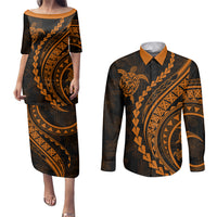 Polynesian Pride Couples Matching Puletasi Dress and Long Sleeve Button Shirts Turtle Hibiscus Luxury Style - Orange LT7 Orange - Polynesian Pride