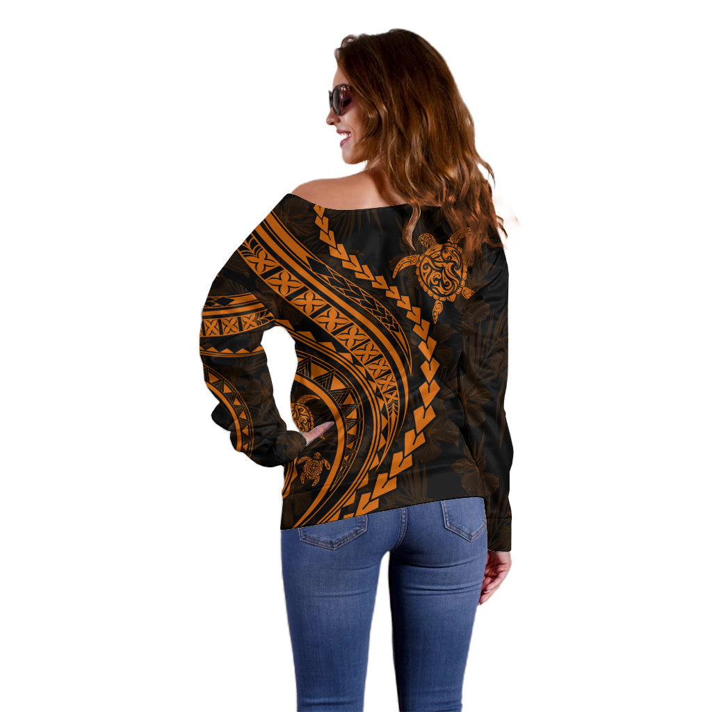 Polynesian Pride Off Shoulder Sweater Turtle Hibiscus Luxury Style - Orange LT7 - Polynesian Pride