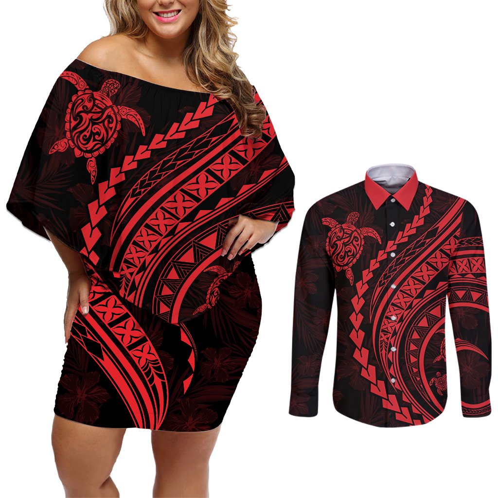 Polynesian Pride Couples Matching Off Shoulder Short Dress and Long Sleeve Button Shirts Turtle Hibiscus Luxury Style - Rose LT7 Rose - Polynesian Pride