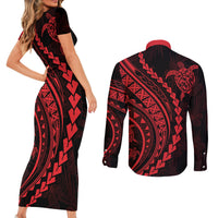 Polynesian Pride Couples Matching Short Sleeve Bodycon Dress and Long Sleeve Button Shirts Turtle Hibiscus Luxury Style - Rose LT7 - Polynesian Pride