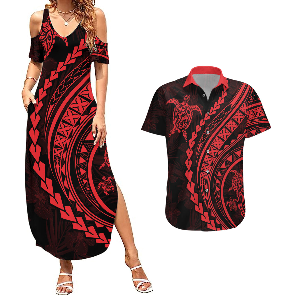 Polynesian Pride Couples Matching Summer Maxi Dress and Hawaiian Shirt Turtle Hibiscus Luxury Style - Rose LT7 Rose - Polynesian Pride