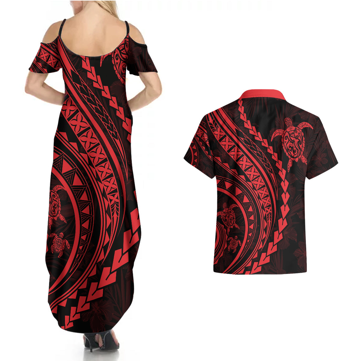 Polynesian Pride Couples Matching Summer Maxi Dress and Hawaiian Shirt Turtle Hibiscus Luxury Style - Rose LT7 - Polynesian Pride
