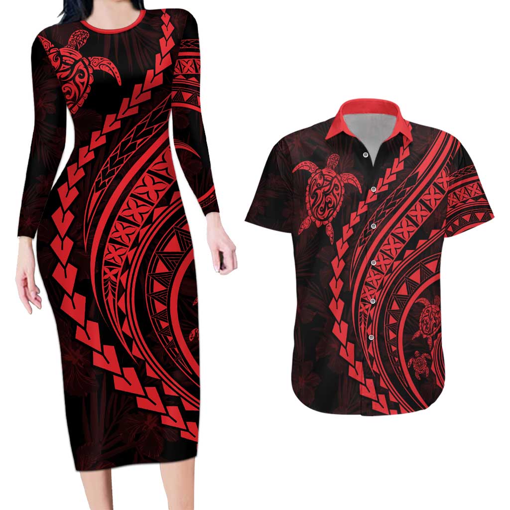 Polynesian Pride Couples Matching Long Sleeve Bodycon Dress and Hawaiian Shirt Turtle Hibiscus Luxury Style - Rose LT7