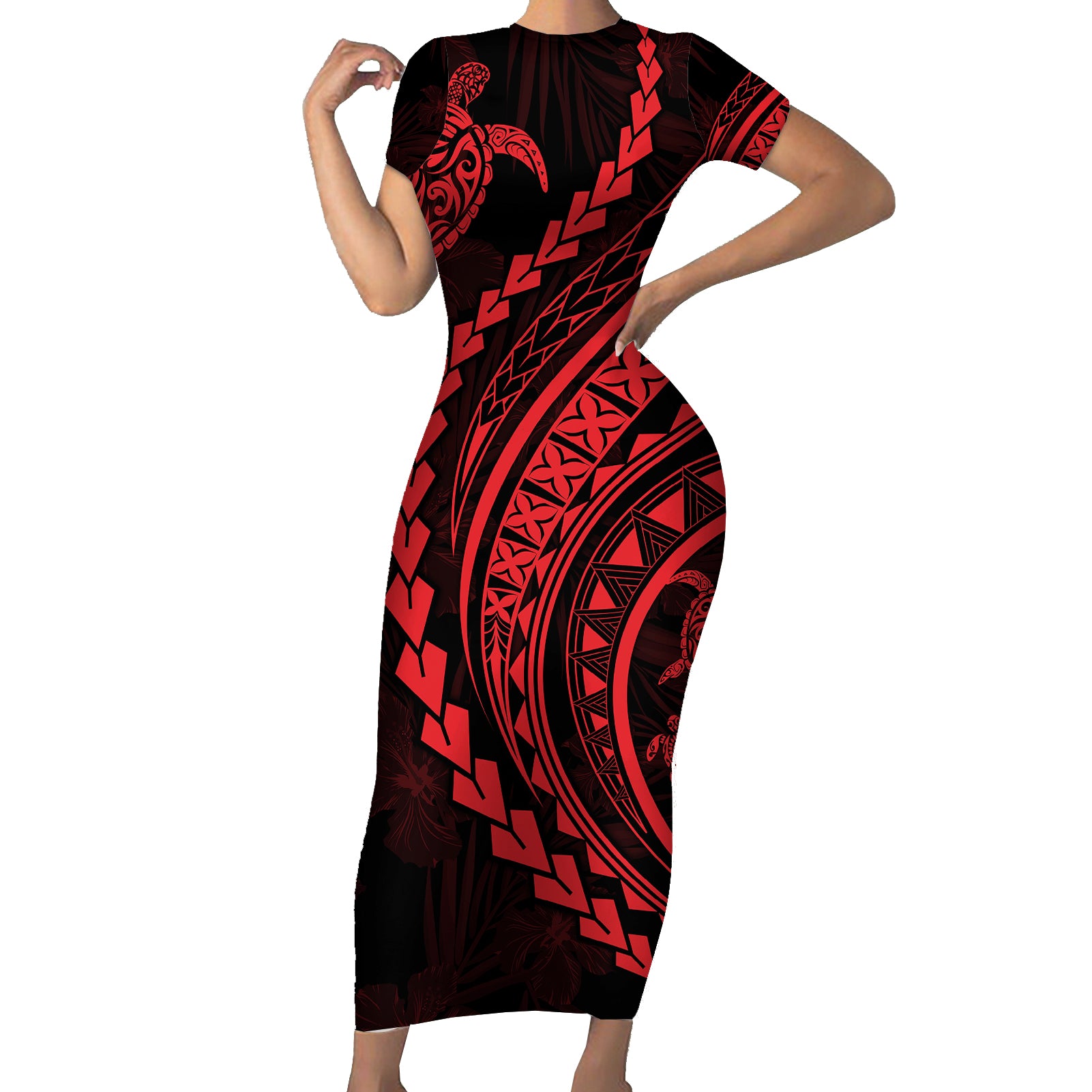 Polynesian Pride Short Sleeve Bodycon Dress Turtle Hibiscus Luxury Style - Rose LT7 Long Dress Rose - Polynesian Pride